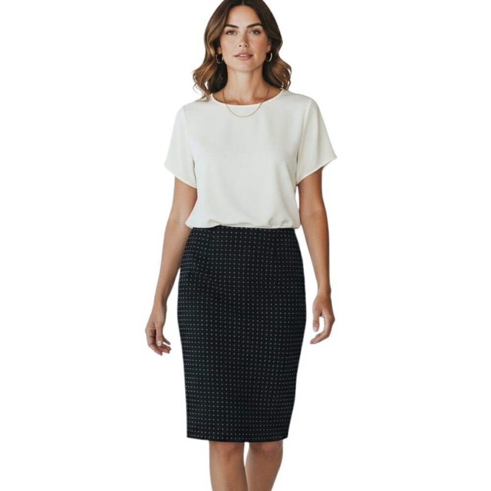 London Times Women's Vintage Pencil Skirt 8 Black Polka Dot Checked Lined Career